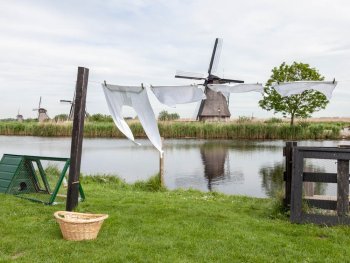 Laundry at the windmills of Kinderdijk in Holland