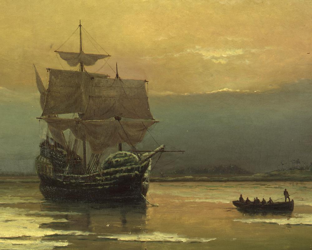 Painting: Mayflower in Plymouth Harbor by William Halsall (1882)