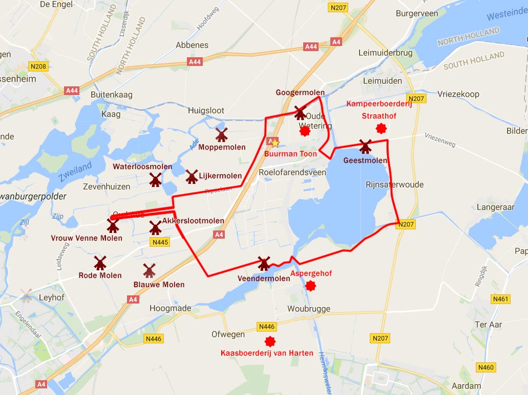 Dutch Windmill Bike Tour map Kaag en Braassem