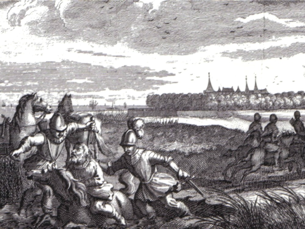 Floris V is killed. In the background is Muiderslot castle