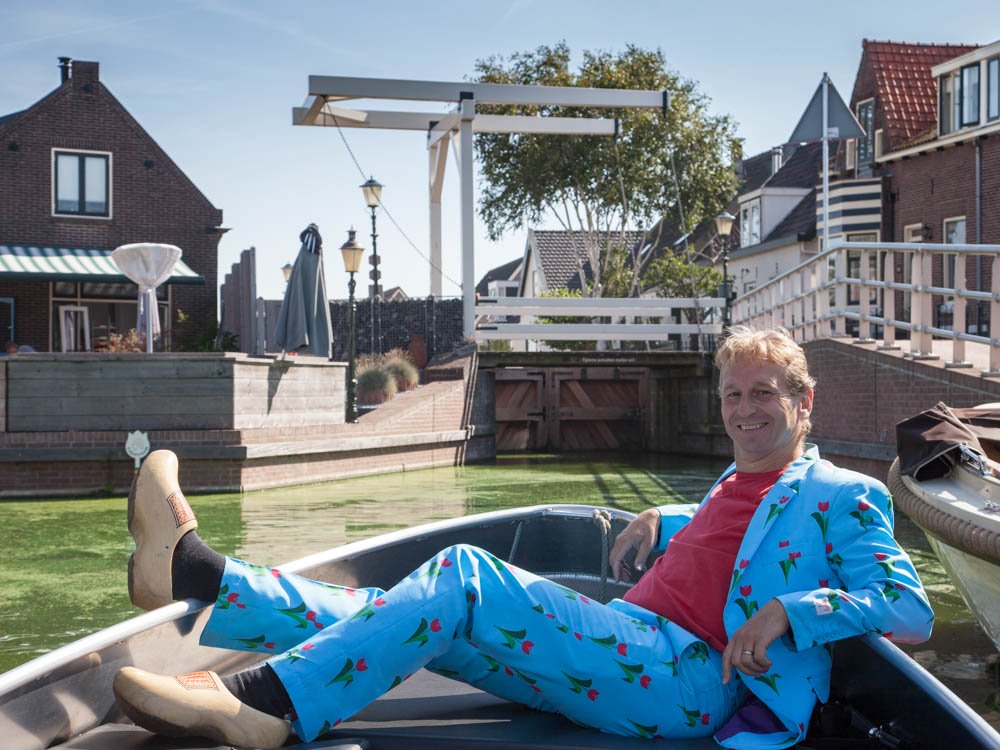 Patrick posing in the boat in the charming village of Roelofarendsveen
